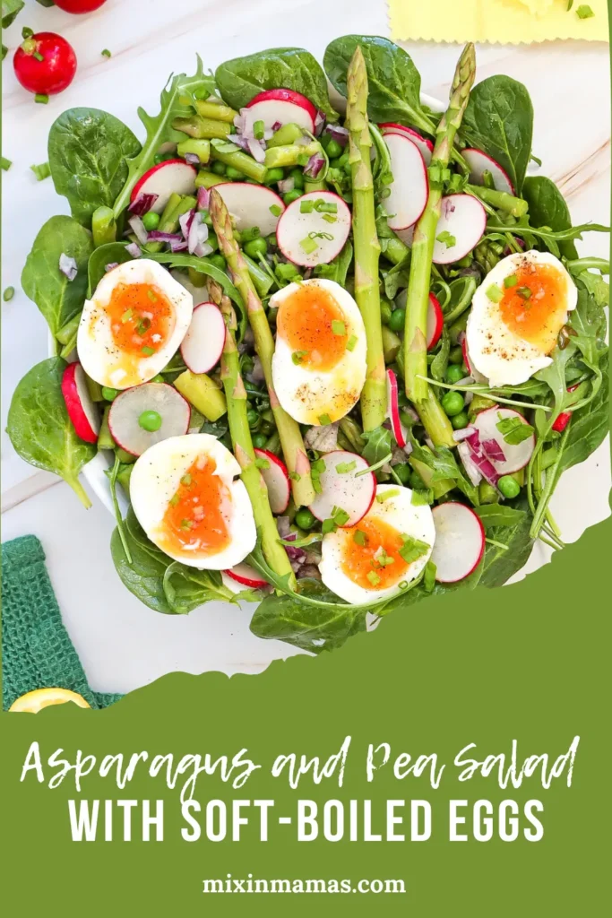 Close-up of spring salad with asparagus, radishes, and soft-boiled eggs and text that reads “Asparagus and Pea Salad with Soft-Boiled Eggs”.