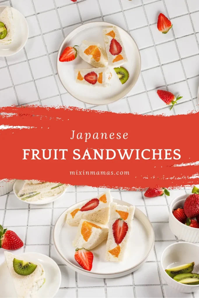 Bright Pinterest image of Japanese Fruit Sandwiches filled with strawberries, oranges, and kiwi on plates, with a bold red brushstroke design and the text “Japanese Fruit Sandwiches.”