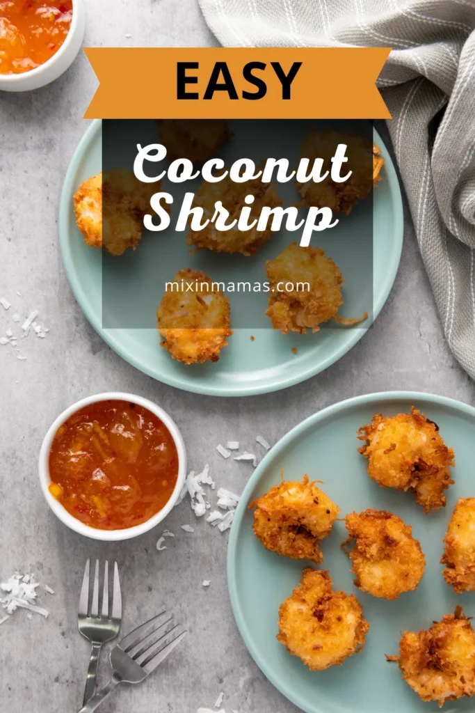 Crispy coconut shrimp served on blue plates with sweet chili dipping sauce.