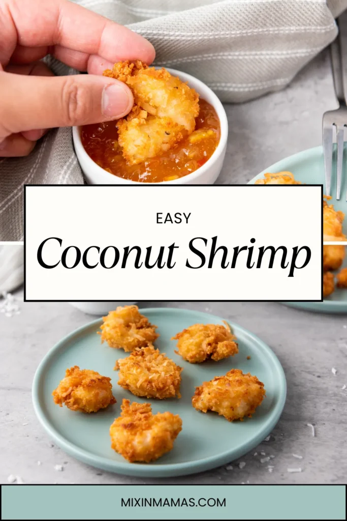 Hand dipping crispy coconut shrimp into sweet chili sauce.