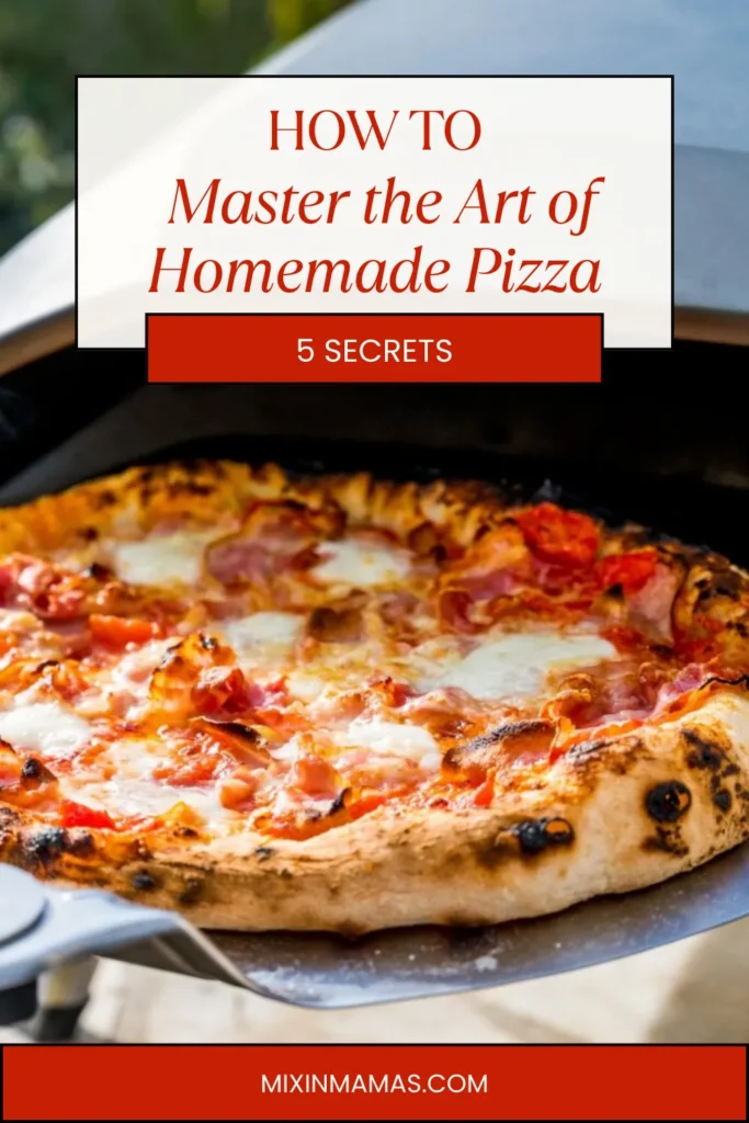 Close-up of homemade pizza showing chewy crust, gooey cheese, and savory toppings, made with expert dough tips.