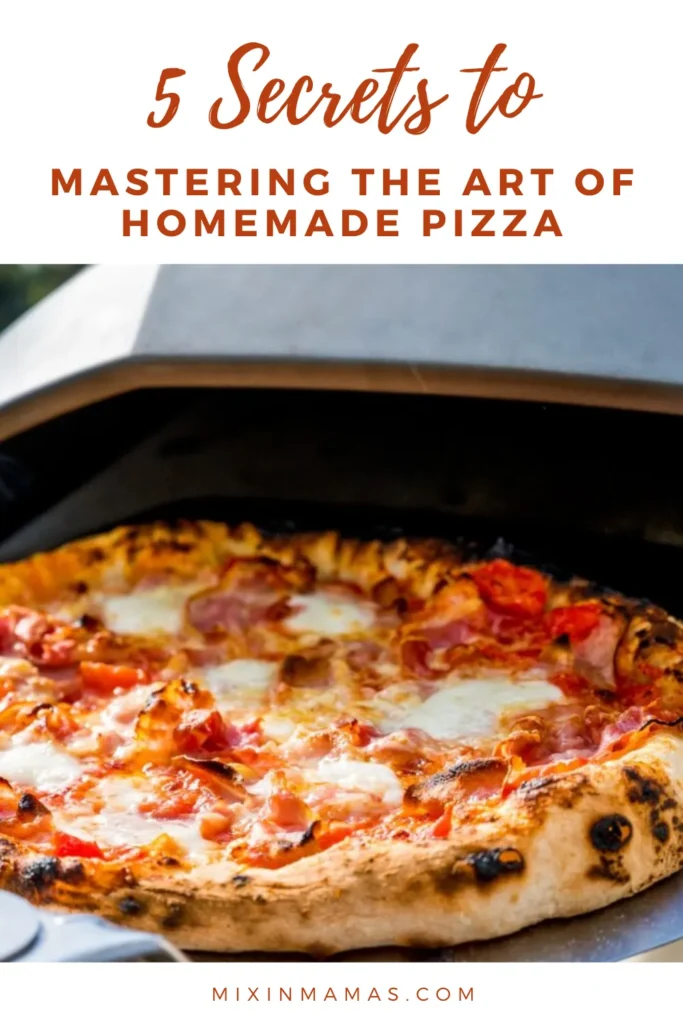 Homemade pizza baked in an outdoor oven, pizzeria-style with bubbly cheese and charred crust.
