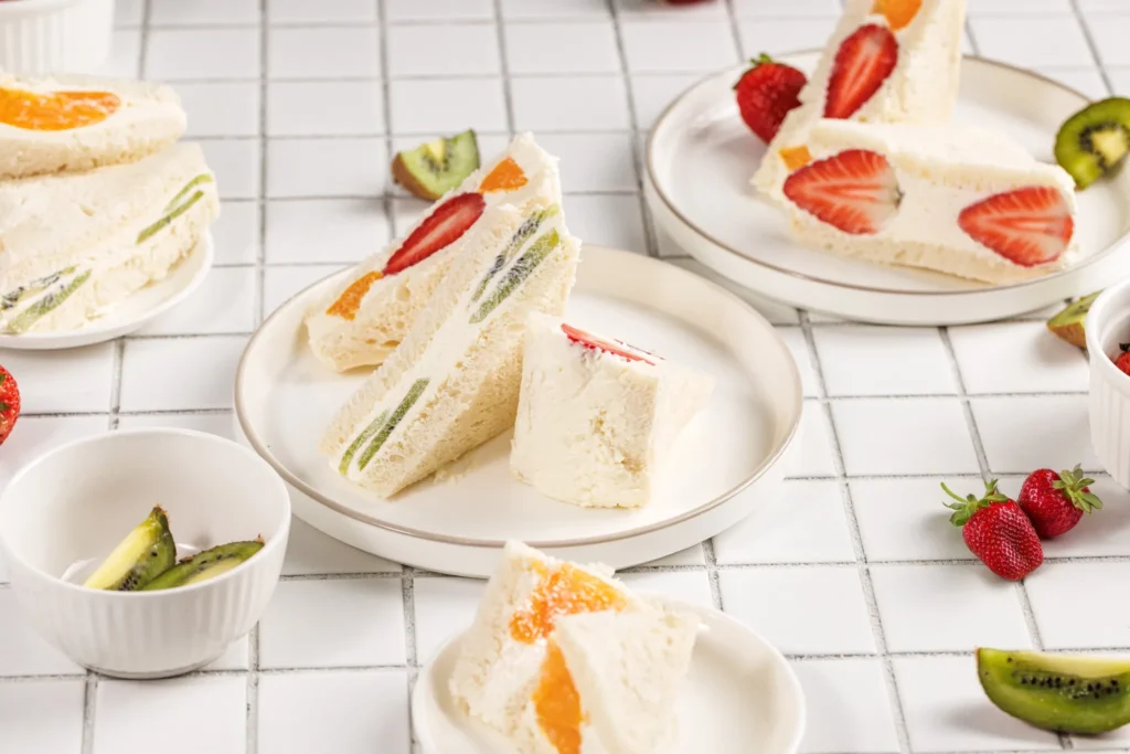 Fruit sando sandwiches plated with fresh strawberries and kiwi on the side.