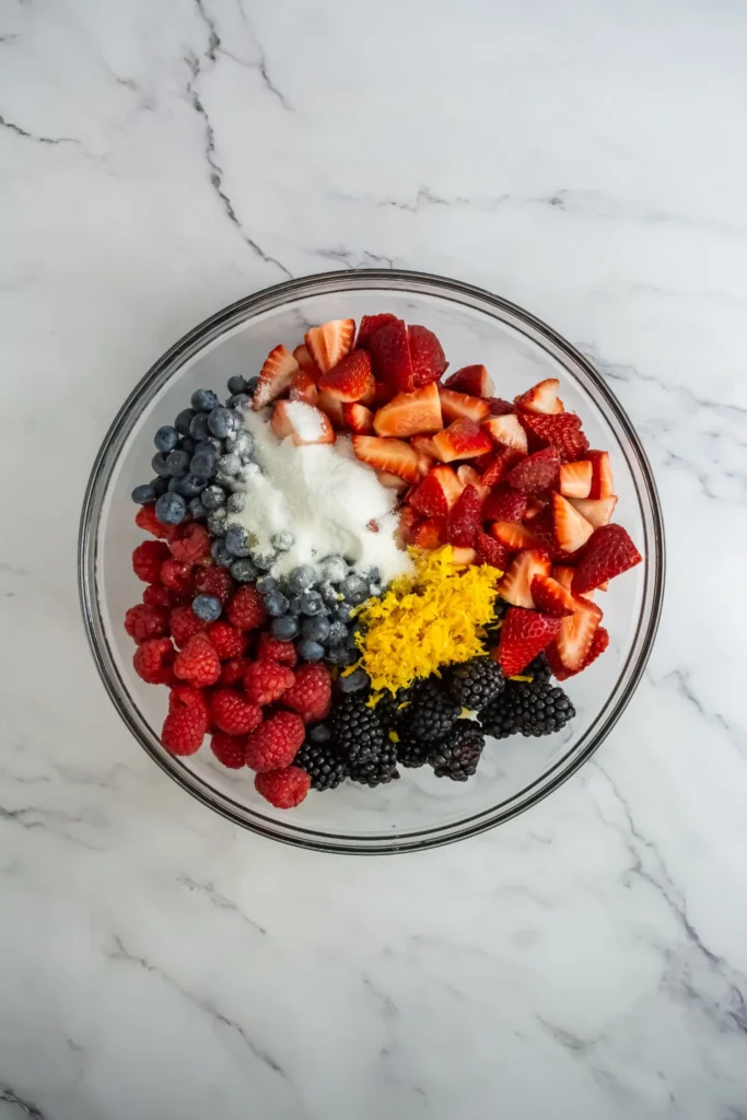 Bowl with strawberries, raspberries, blueberries, blackberries, sugar, and orange zest ready to be tossed.