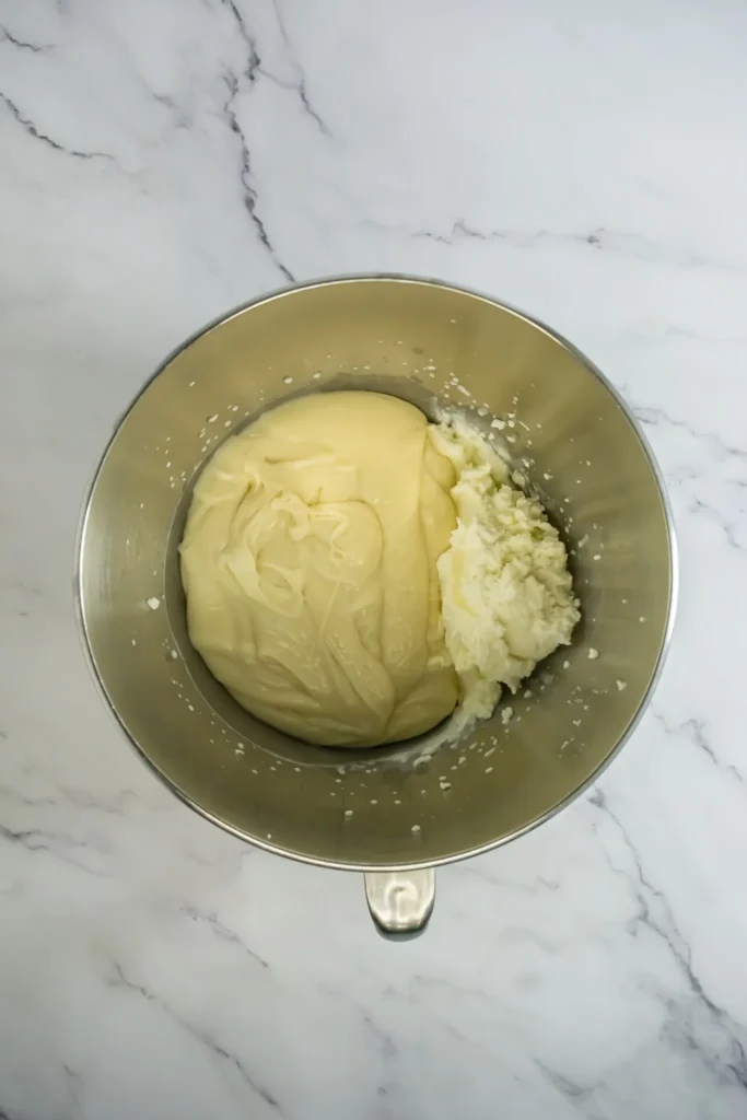 Whipped cream being folded into mascarpone mixture in a mixing bowl.
