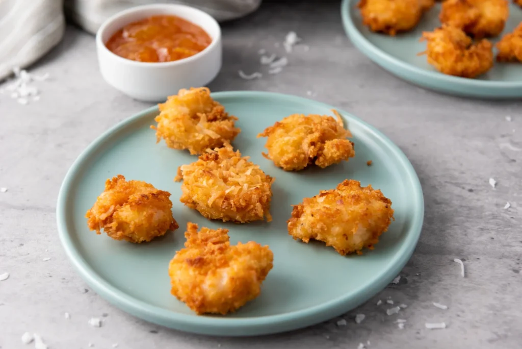 Blue plate with crispy coconut shrimp served alongside dipping sauce.