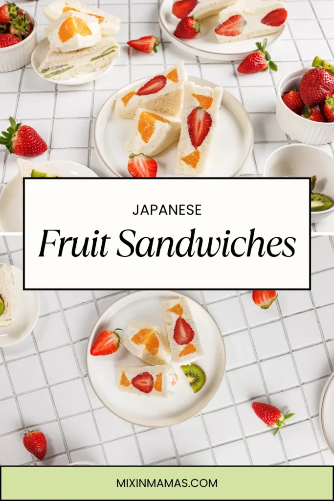 Pinterest image of Japanese Fruit Sandwiches arranged on plates with fresh strawberries and kiwi, labeled “Japanese Fruit Sandwiches.”
