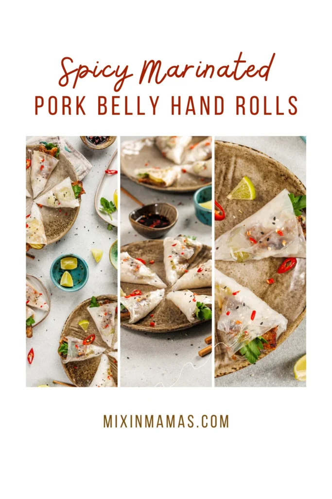 Collage showing pork belly rice paper rolls with garnishes, dipping sauce, and chili slices.
