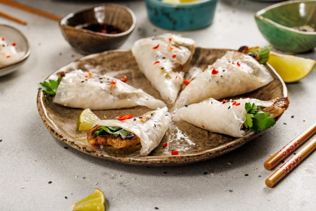 Close-up of spicy pork belly hand rolls filled with greens, wrapped in rice paper, and sprinkled with sesame seeds and red chili.