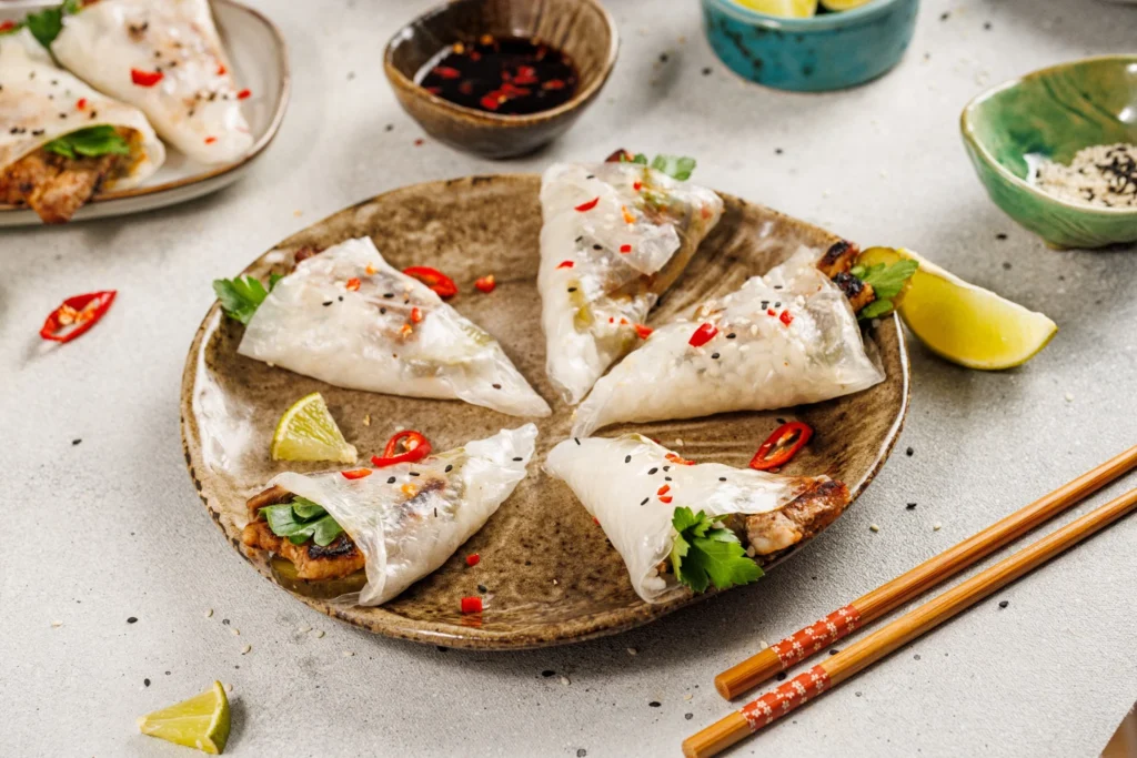 Plate of spicy marinated pork belly hand rolls wrapped in rice paper and garnished with chili, sesame seeds, and lime wedges.