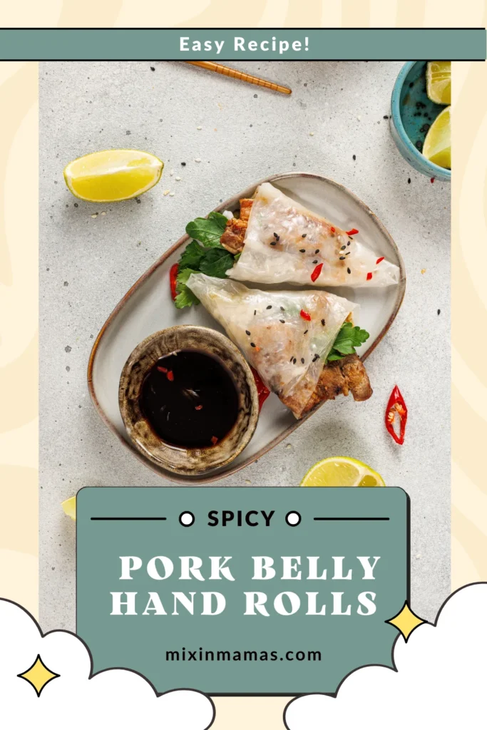 Spicy pork belly hand rolls wrapped in rice paper, served with fresh herbs, lime wedges, and dipping sauce.