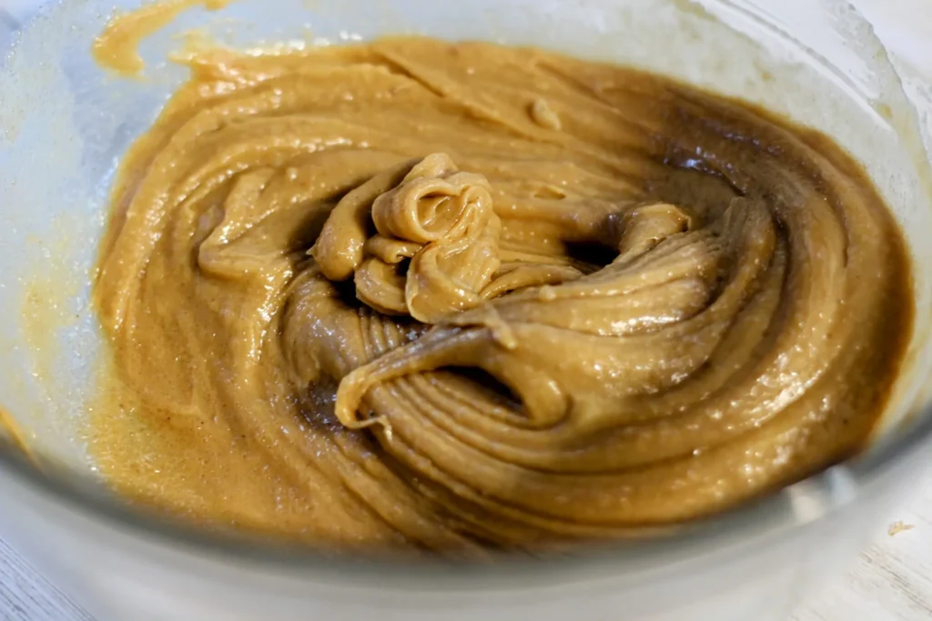 Peanut butter filling fully stirred, smooth and glossy in the bowl.