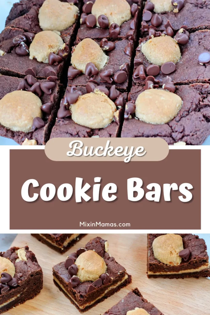 Overhead view of freshly sliced Buckeye Cookie Bars with chocolate chips and peanut butter topping on each bar.