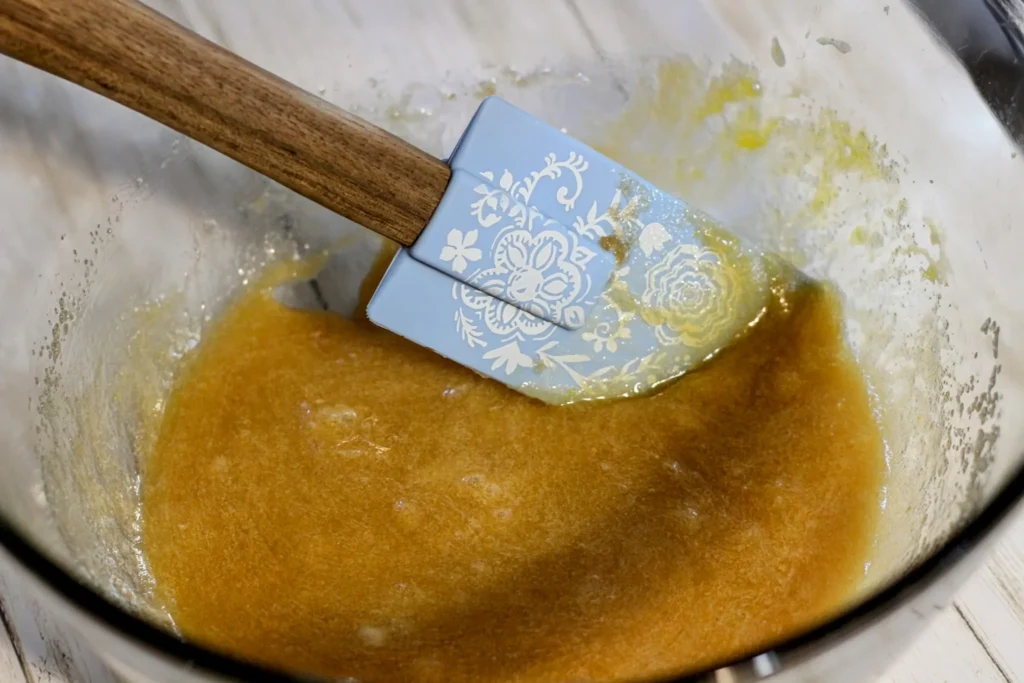 A spatula stirring the butter, sugar, and egg mixture until smooth and glossy.