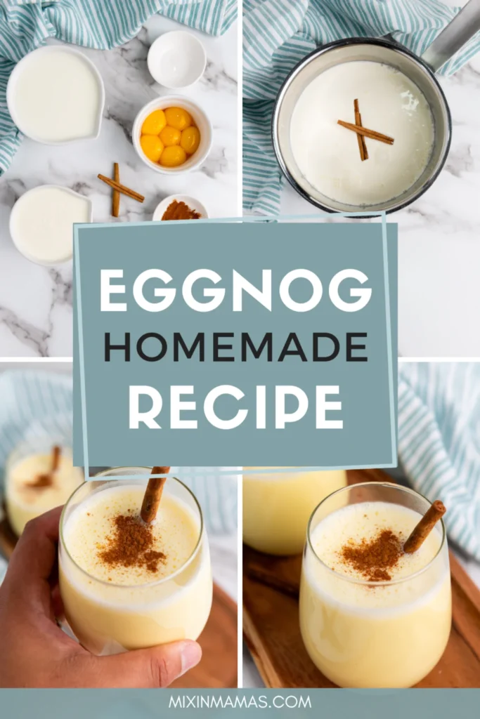 Close-up of a glass of creamy homemade eggnog topped with ground cinnamon