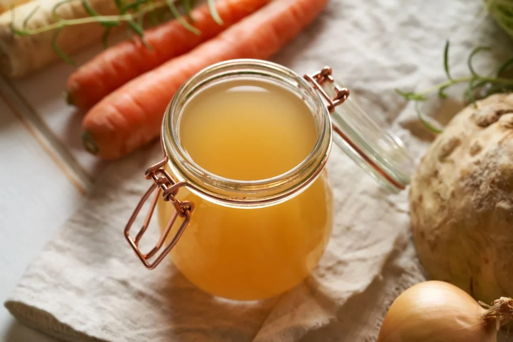 Glass jar filled with homemade bone broth surrounded by carrots, onion, and celery root