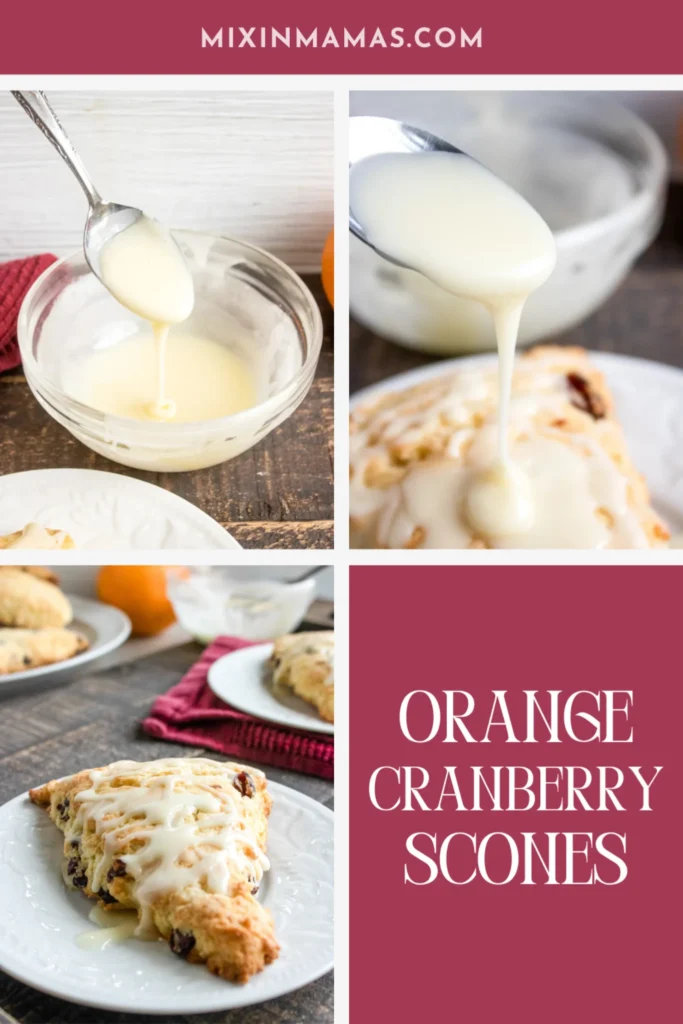 Orange glaze being poured over a freshly baked orange cranberry scone