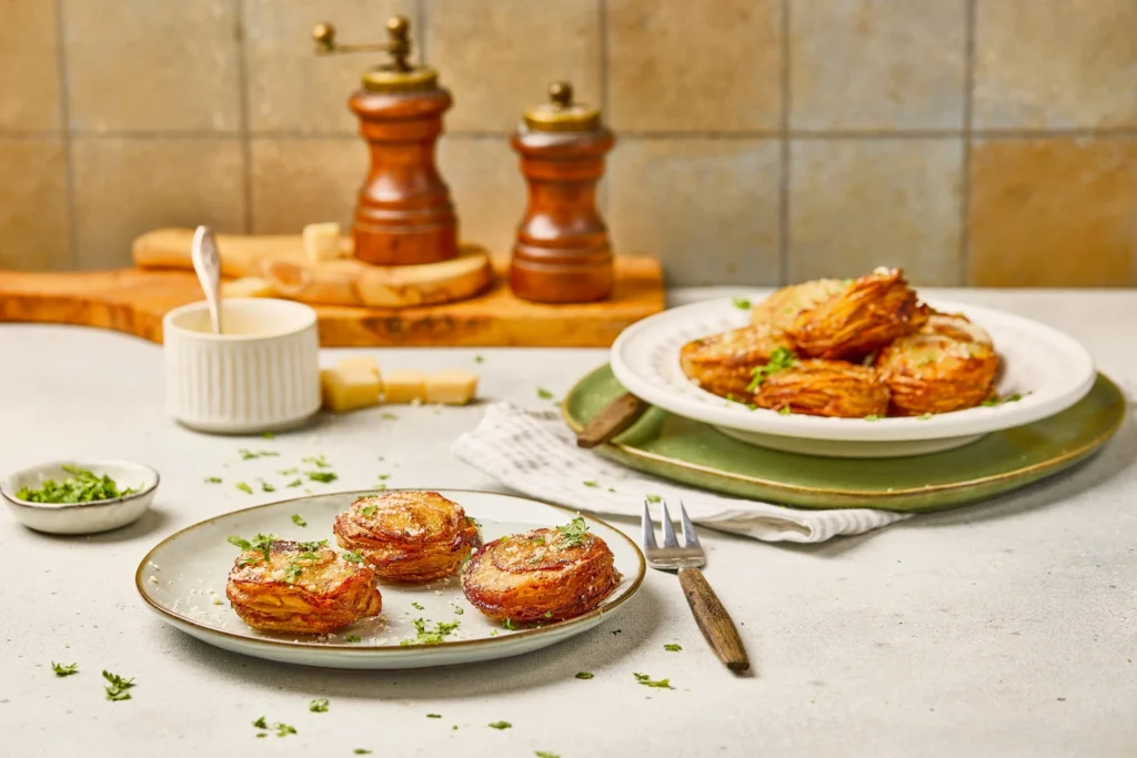 Stacked Parmesan garlic potato stacks garnished with herbs and grated cheese