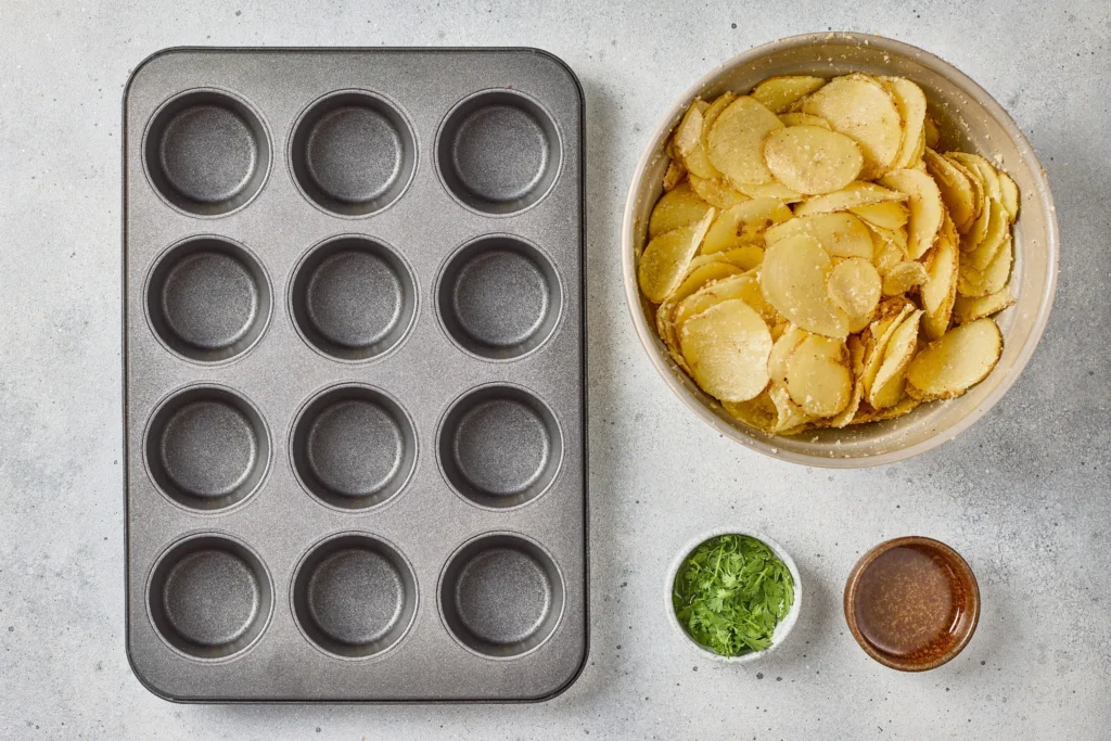 Seasoned potato slices in a bowl next to an empty muffin tin