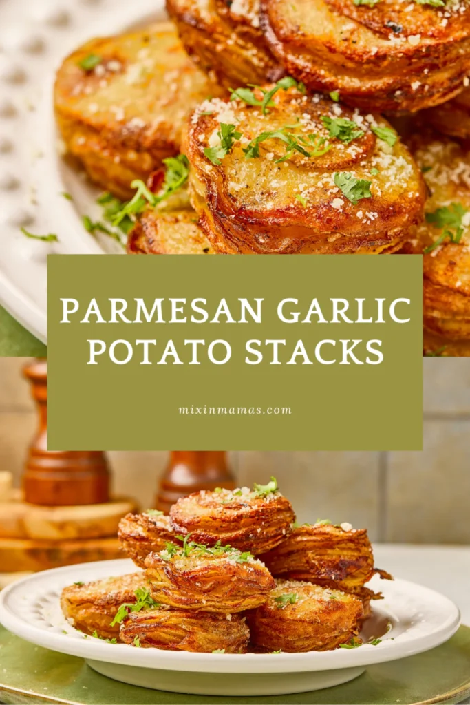 Close-up of golden Parmesan garlic potato stacks with layered potatoes and melted cheese
