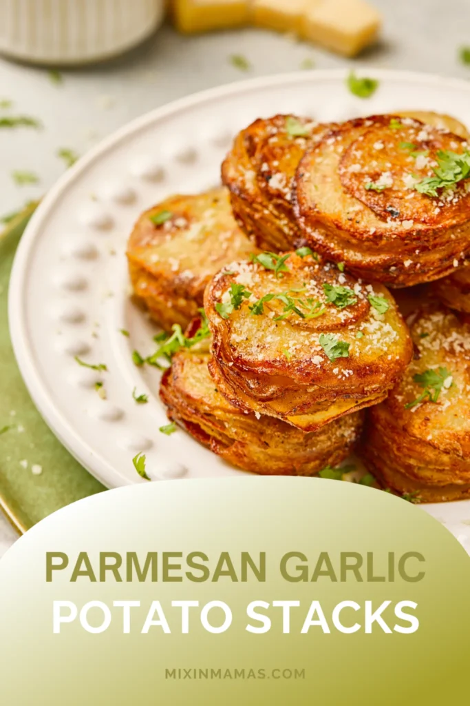 Crispy Parmesan garlic potato stacks plated and ready to serve