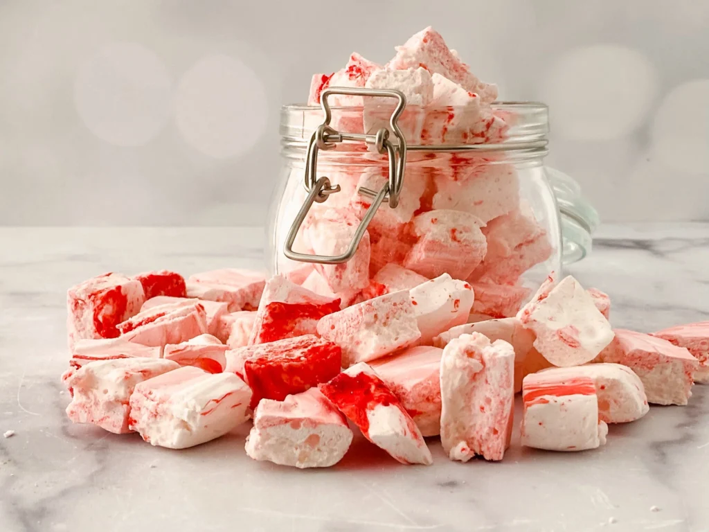Pink and white peppermint marshmallows stacked in a glass jar