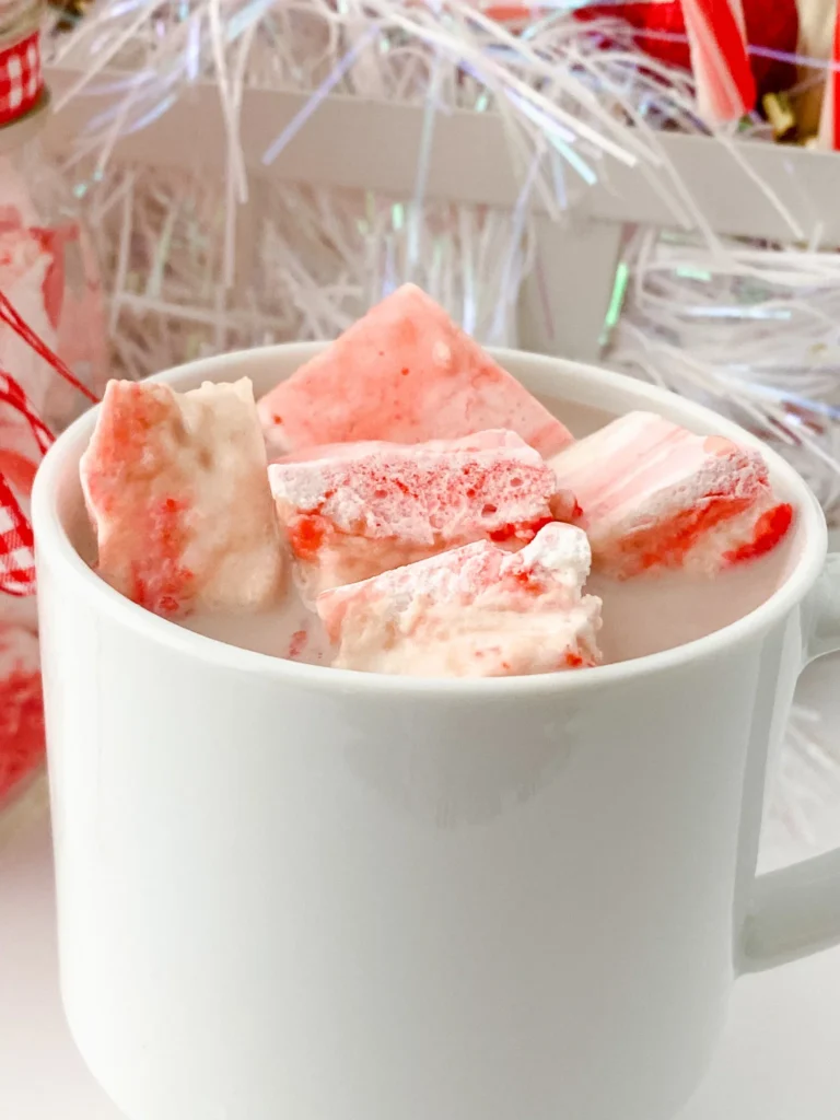 Peppermint marshmallows floating in a mug of hot cocoa