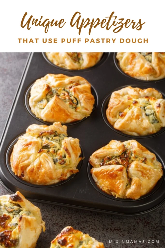 Flaky puff pastry appetizers baked in a muffin tin with a creamy savory filling, styled for a party appetizer roundup.