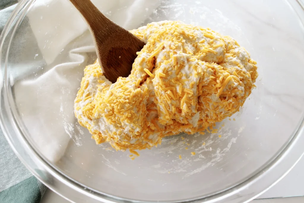 Shredded cheddar cheese being added to no-knead bread dough