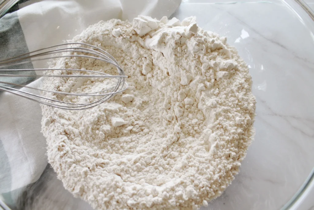 Whisk mixing flour, salt, and yeast for cheddar bread
