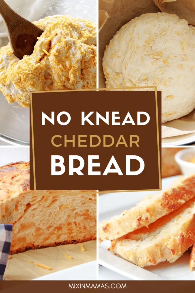 No-knead cheddar bread collage showing mixing, shaping, and baked loaf