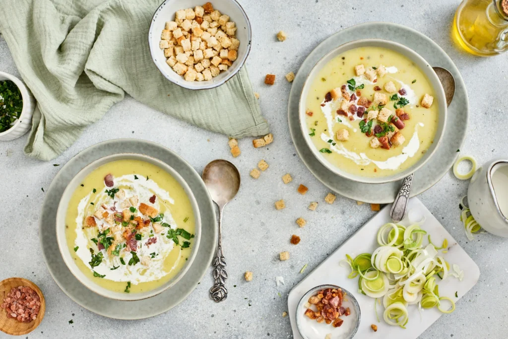 Leek and potato soup garnished with croutons, bacon bits, and fresh herbs