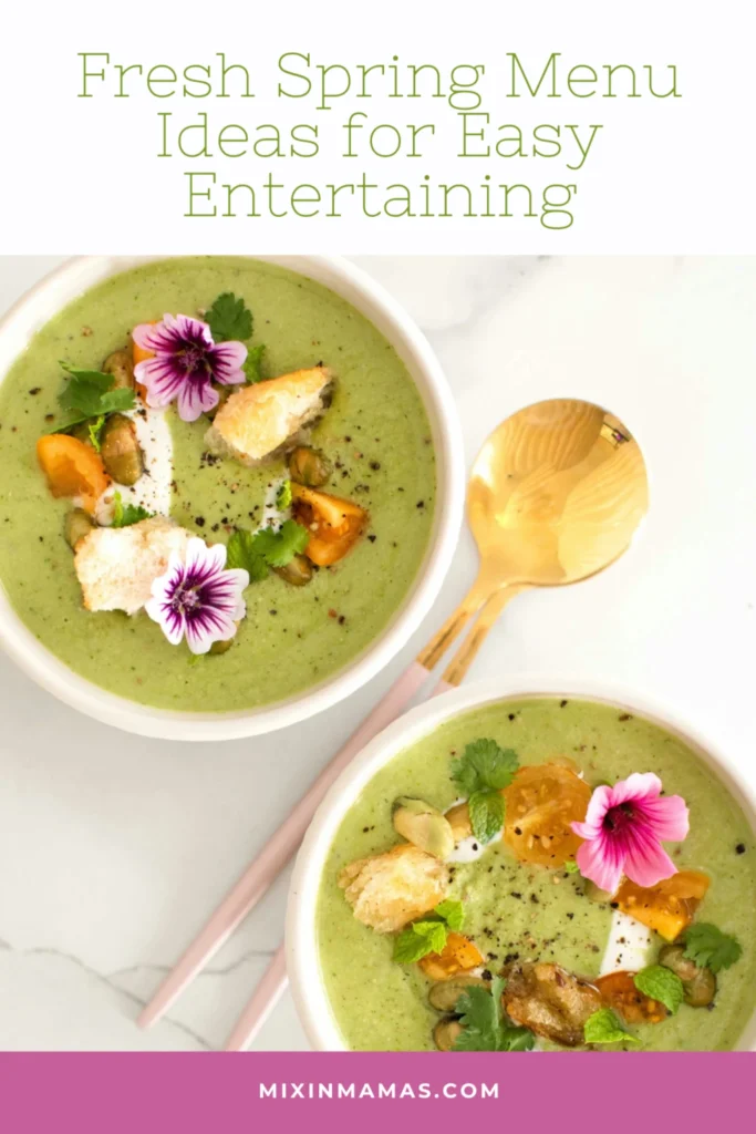 Fresh spring menu ideas with green soup and edible flower garnish