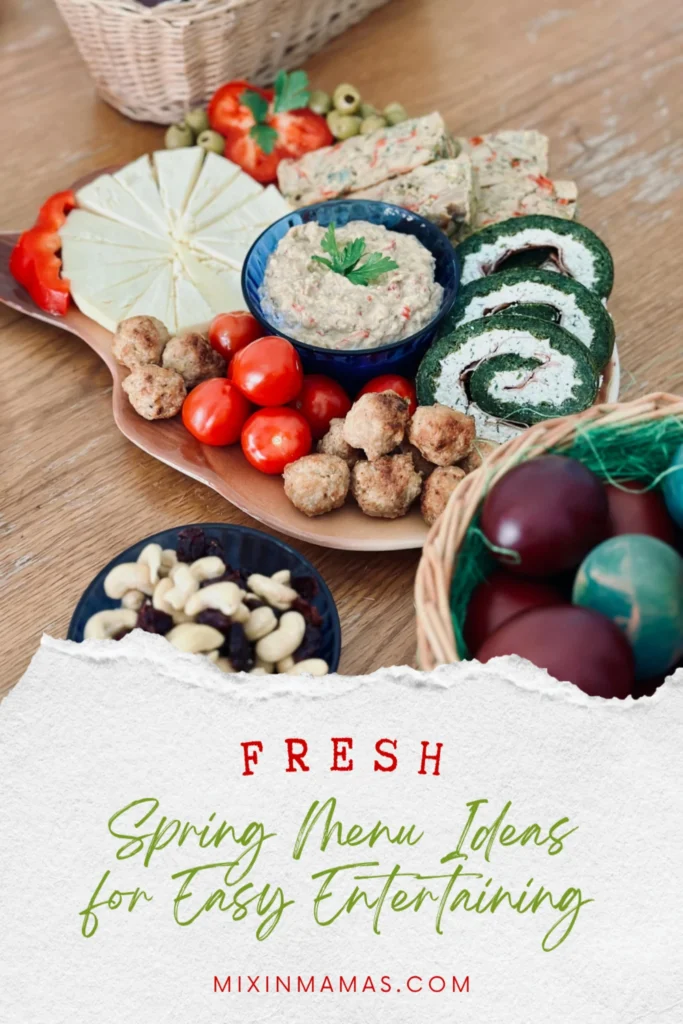 Spring charcuterie board with cheeses, vegetables, and Easter accents