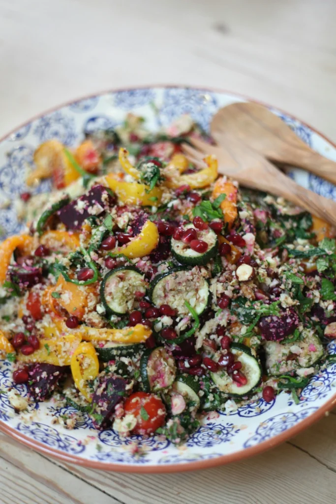 Fresh vegetable salad with zucchini, peppers, and pomegranate seeds