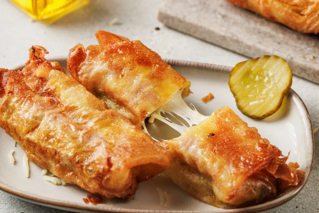 Crispy Cuban sandwich egg roll pulled apart with melted cheese stretch