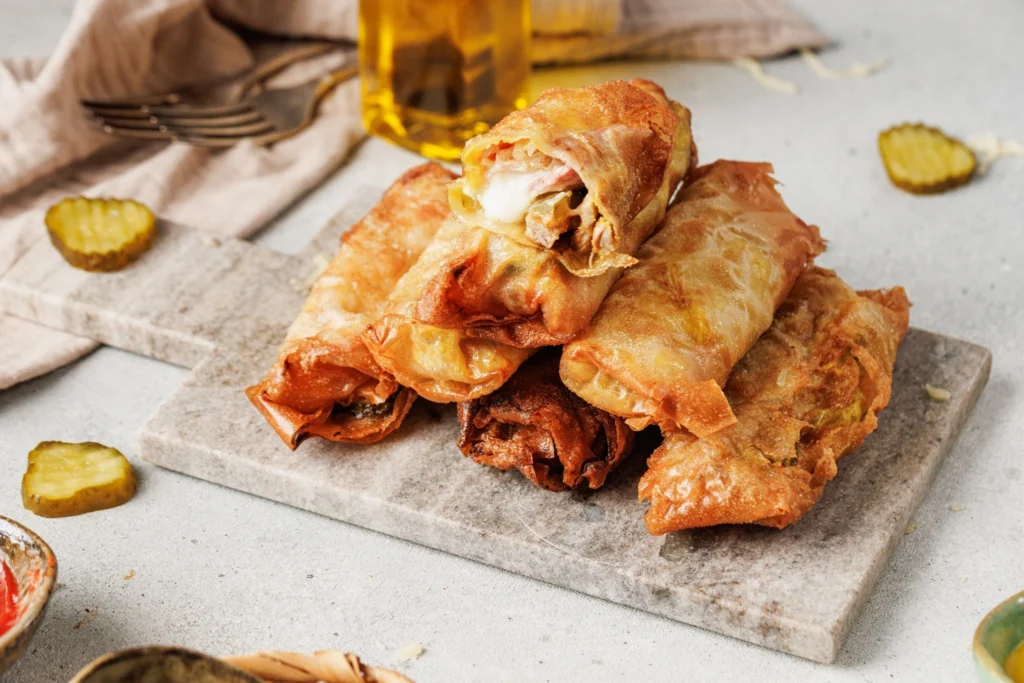 Close up of crispy Cuban sandwich egg rolls with melted cheese filling
