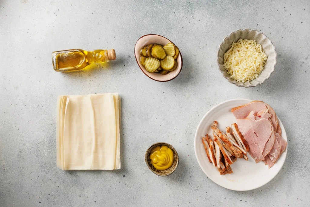 Ingredients for Cuban sandwich egg rolls including wrappers ham pork pickles mustard and shredded cheese