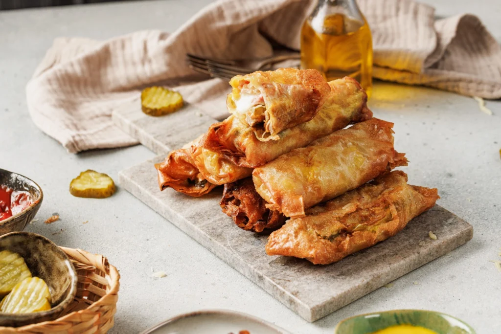 Golden fried Cuban sandwich egg rolls served with pickles and dipping sauce