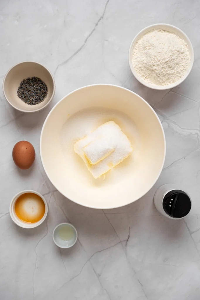 Butter and sugar in a mixing bowl with lavender, flour, egg, and vanilla nearby for lavender cookies.