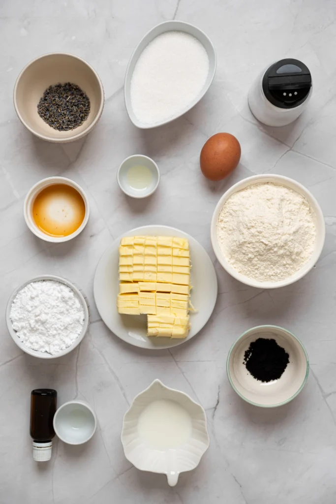 Ingredients for lavender cookies and lavender icing arranged on a light marble surface.