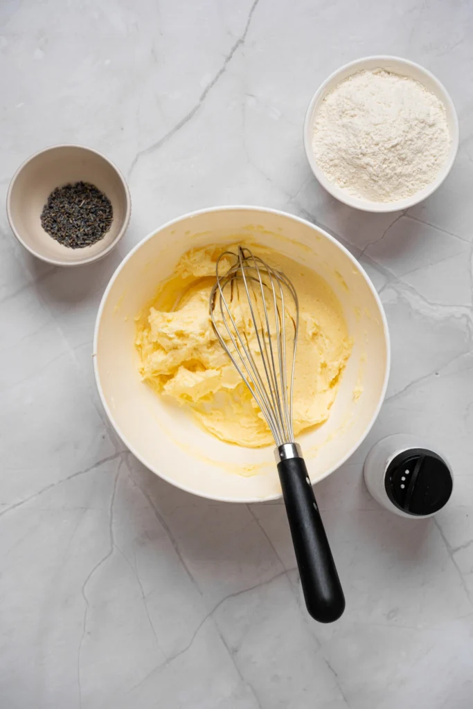 Wet ingredients mixed together into a smooth batter for lavender cookies.