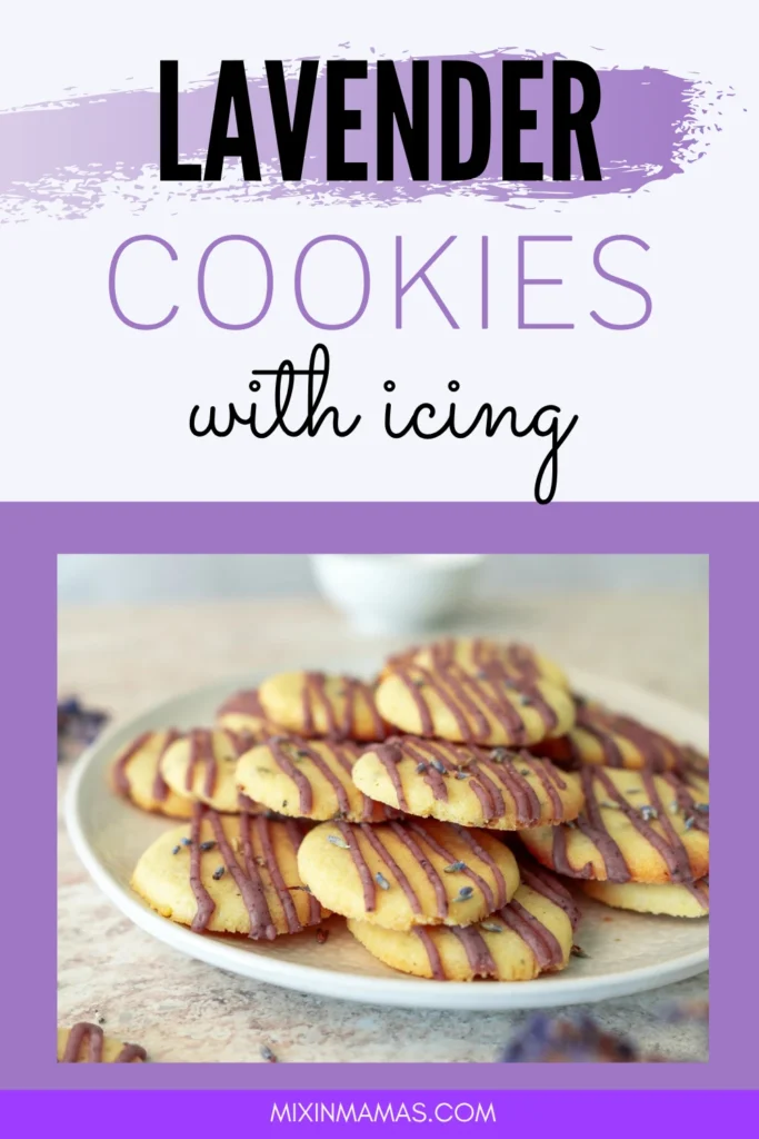 Lavender cookies with icing on a plate with a lavender-themed Pinterest title graphic