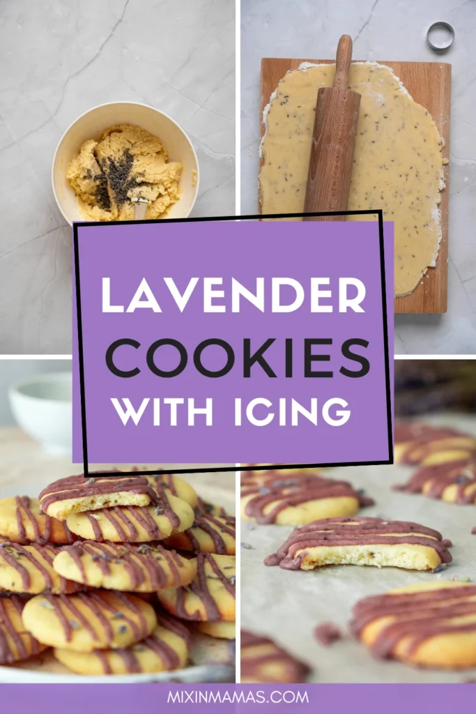 Step-by-step collage showing lavender cookie dough, rolled dough, and finished lavender cookies with icing