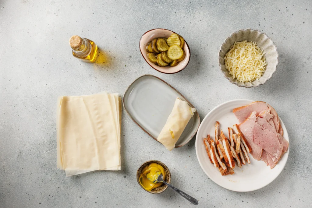 Rolling a Cuban sandwich egg roll before frying