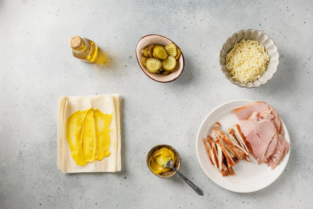 Mustard being spread onto egg roll wrappers for Cuban sandwich egg rolls