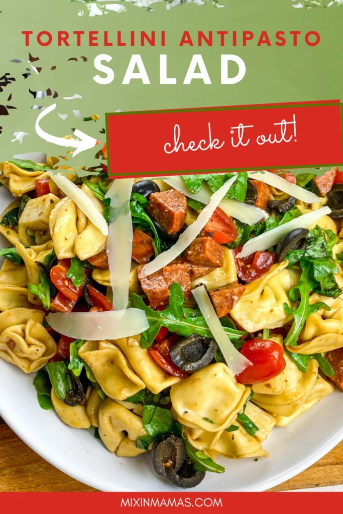Pinterest image promoting Tortellini Antipasto Salad with a close-up of the finished pasta salad and a “check it out” text overlay.