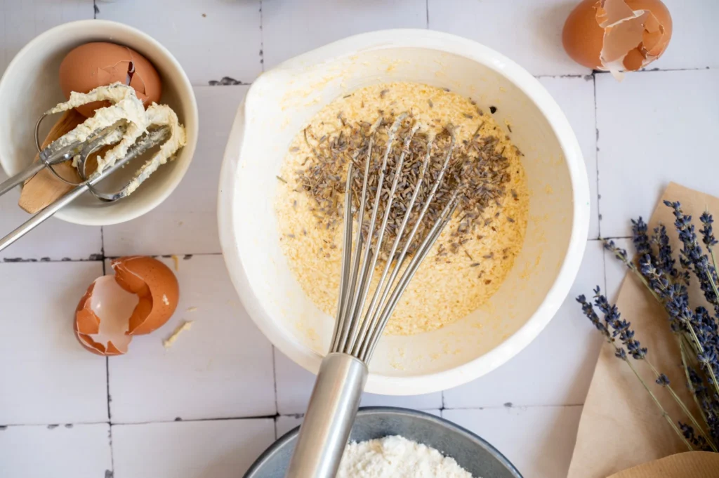 Culinary lavender added to lemon pound cake batter in a mixing bowl.