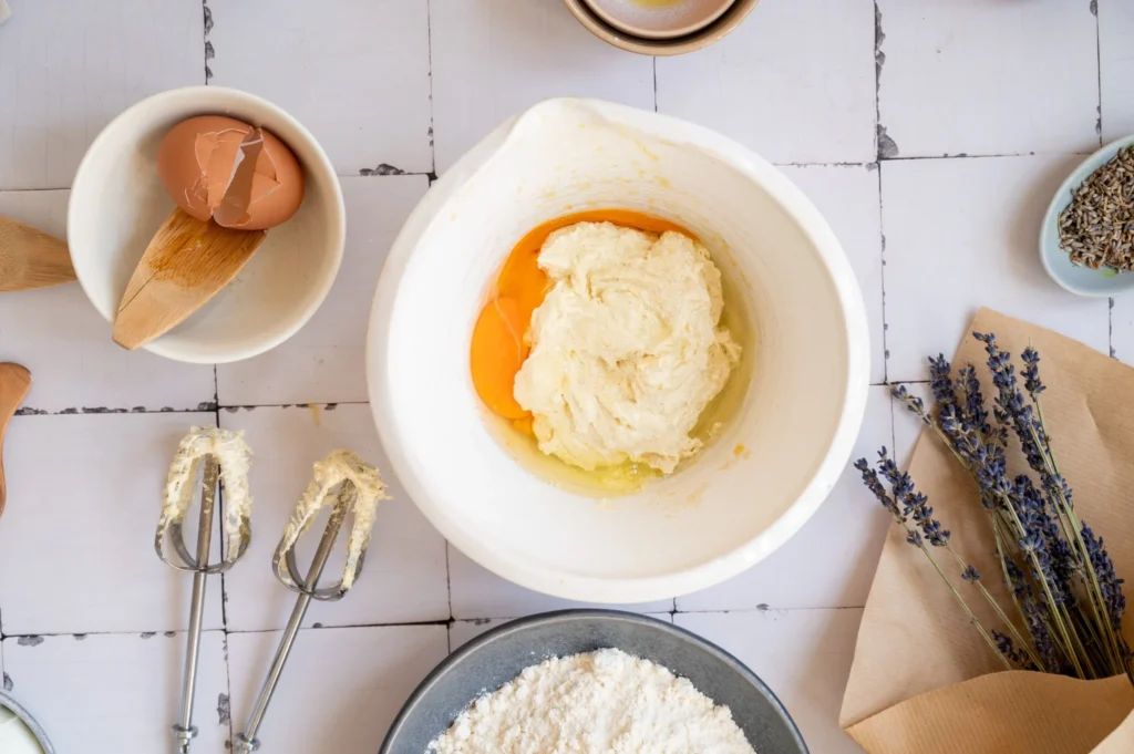 Eggs being added to the creamed butter mixture while making lemon lavender pound cake.
