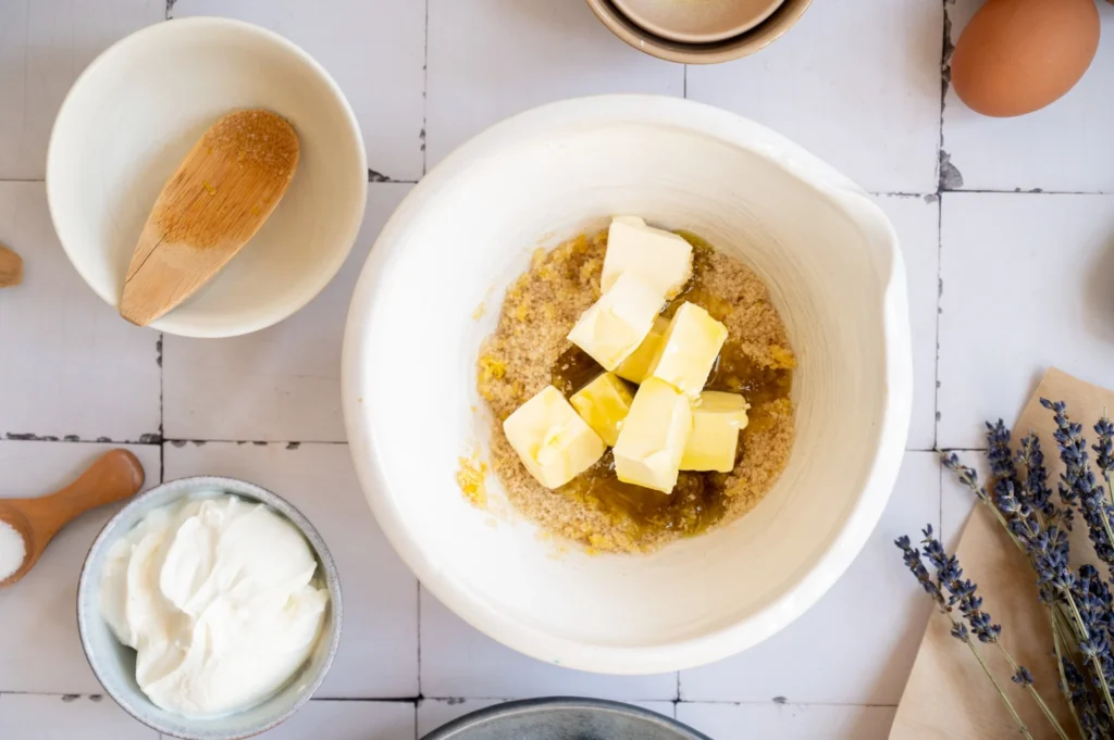 Softened butter and olive oil added to the lemon sugar mixture for pound cake.